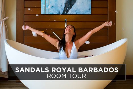 Kristin enjoying the bubbles in the tub in our Sandals Royal Barbados Room Tour